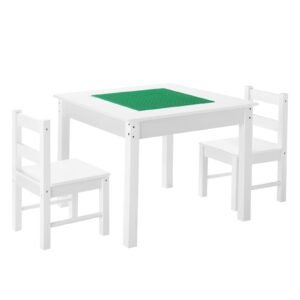 kids activity table and 2 chairs set, building blocks double sided tabletop, toddler table and chair set with storage for kids 3+ years, large storage space, present for boys & girls, white