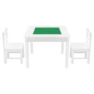 kids activity table and 2 chairs set, building blocks double sided tabletop, toddler table and chair set with storage for kids 3+ years, large storage space, present for boys & girls, white
