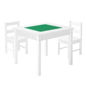 kids activity table and 2 chairs set, building blocks double sided tabletop, toddler table and chair set with storage for kids 3+ years, large storage space, present for boys & girls, white
