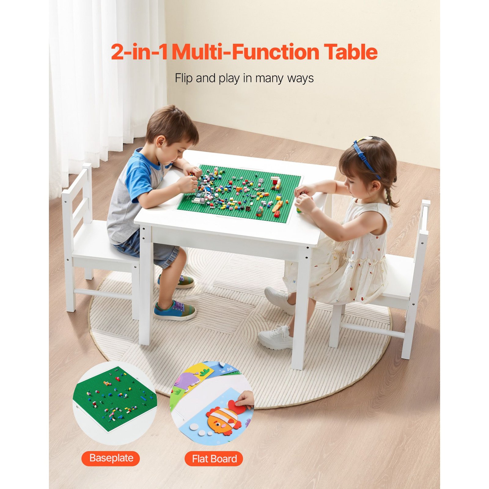 kids activity table and 2 chairs set, building blocks double sided tabletop, toddler table and chair set with storage for kids 3+ years, large storage space, present for boys & girls, white