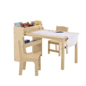 kids art table and 2 chairs, 2 in 1 toddler craft and play activity table, wood toddler table and chair set with a cabinet for art, craft, reading, learning