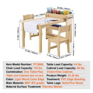 kids art table and 2 chairs, 2 in 1 toddler craft and play activity table, wood toddler table and chair set with a cabinet for art, craft, reading, learning