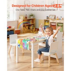 kids art table and chair set, toddler craft table with 3 tiers storage cabinet, wooden kids activity play desk with 2 chairs, art craft play desk for reading, learning, drawing, writing, white