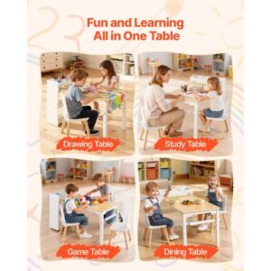 kids art table and chair set, toddler craft table with 3 tiers storage cabinet, wooden kids activity play desk with 2 chairs, art craft play desk for reading, learning, drawing, writing, white