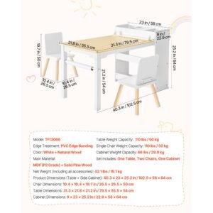 kids art table and chair set, toddler craft table with 3 tiers storage cabinet, wooden kids activity play desk with 2 chairs, art craft play desk for reading, learning, drawing, writing, white