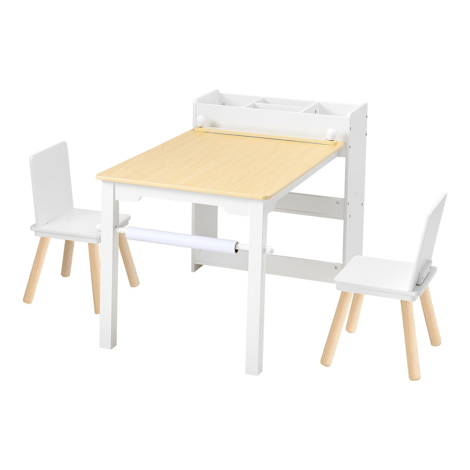 kids art table and chair set, toddler craft table with 3 tiers storage cabinet, wooden kids activity play desk with 2 chairs, art craft play desk for reading, learning, drawing, writing, white