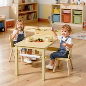 kids art table and chair set, toddler craft table with 3 tiers storage cabinet, wooden kids activity play desk with 2 chairs, craft play desk for reading, learning, drawing, writing, light wood