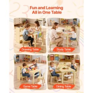kids art table and chair set, toddler craft table with 3 tiers storage cabinet, wooden kids activity play desk with 2 chairs, craft play desk for reading, learning, drawing, writing, light wood