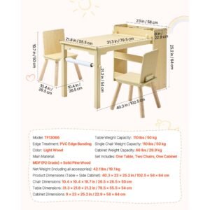 kids art table and chair set, toddler craft table with 3 tiers storage cabinet, wooden kids activity play desk with 2 chairs, craft play desk for reading, learning, drawing, writing, light wood