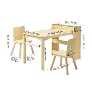 kids art table and chair set, toddler craft table with 3 tiers storage cabinet, wooden kids activity play desk with 2 chairs, craft play desk for reading, learning, drawing, writing, light wood