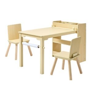 kids art table and chair set, toddler craft table with 3 tiers storage cabinet, wooden kids activity play desk with 2 chairs, craft play desk for reading, learning, drawing, writing, light wood