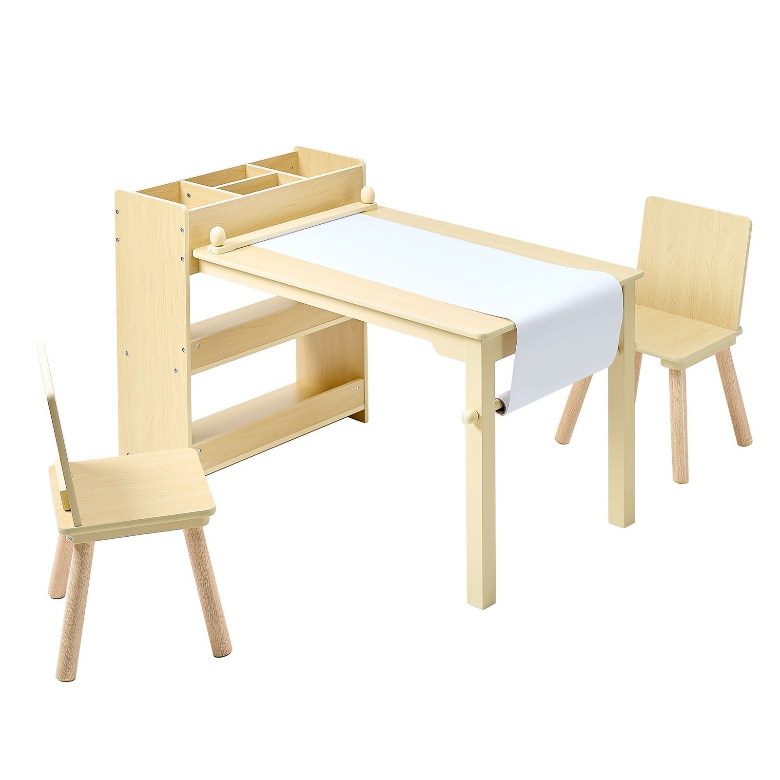 kids art table and chair set, toddler craft table with 3 tiers storage cabinet, wooden kids activity play desk with 2 chairs, craft play desk for reading, learning, drawing, writing, light wood