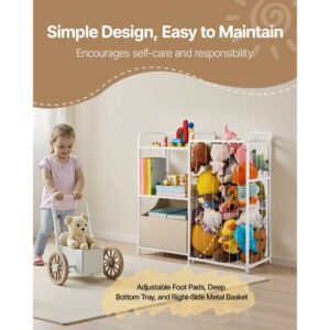 kids bookshelf and stuffed animal storage, toy storage organizer, 2 tier book shelf with fabric toy chest, toy storage for kids room, living room, entryway, nursury, preschool, white