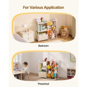 kids bookshelf and stuffed animal storage, toy storage organizer, 2 tier book shelf with fabric toy chest, toy storage for kids room, living room, entryway, nursury, preschool, white