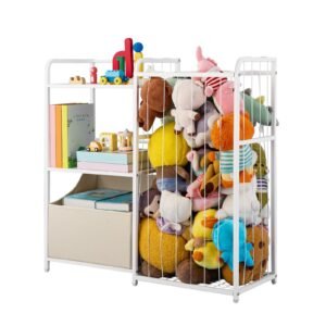 kids bookshelf and stuffed animal storage, toy storage organizer, 2 tier book shelf with fabric toy chest, toy storage for kids room, living room, entryway, nursury, preschool, white
