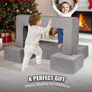 Kids Couch, 4Pcs Modular Kids Play Couch, Toddler Couch Sofa Bed, Kids Chair Seat Playroom Furniture, Child Sectional Sofa with Removable Cover for Kids Girls & Boys, Grey