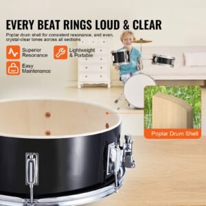 kids drum set, 3 piece, 14 in beginner drum set with adjustable throne cymbal pedal two pairs of drumsticks, 8'' tom drum 10'' snare drum 14'' bass drum, starter drum kit for child kids, black