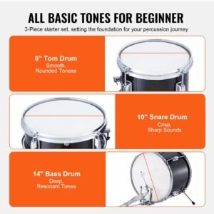 kids drum set, 3 piece, 14 in beginner drum set with adjustable throne cymbal pedal two pairs of drumsticks, 8'' tom drum 10'' snare drum 14'' bass drum, starter drum kit for child kids, black