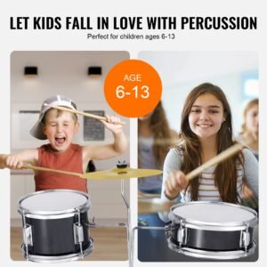 kids drum set, 3 piece, 14 in beginner drum set with adjustable throne cymbal pedal two pairs of drumsticks, 8'' tom drum 10'' snare drum 14'' bass drum, starter drum kit for child kids, black