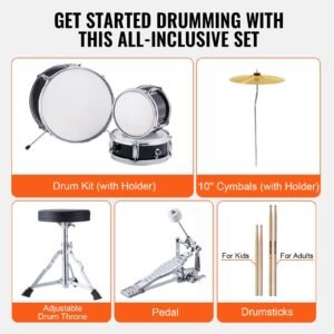 kids drum set, 3 piece, 14 in beginner drum set with adjustable throne cymbal pedal two pairs of drumsticks, 8'' tom drum 10'' snare drum 14'' bass drum, starter drum kit for child kids, black