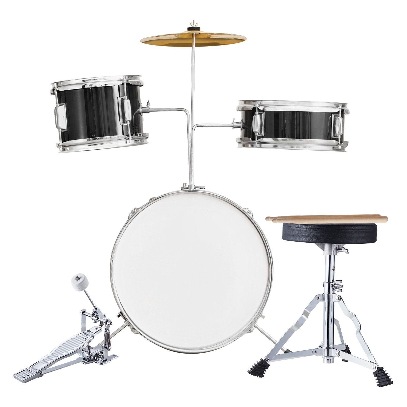 kids drum set, 3 piece, 14 in beginner drum set with adjustable throne cymbal pedal two pairs of drumsticks, 8'' tom drum 10'' snare drum 14'' bass drum, starter drum kit for child kids, black