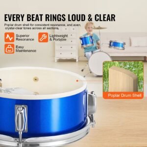 kids drum set, 3 piece, 14 in beginner drum set with adjustable throne cymbal pedal two pairs of drumsticks, 8'' tom drum 10'' snare drum 14'' bass drum, starter drum kit for child kids, blue