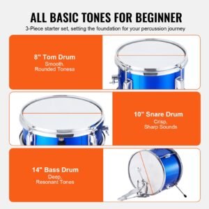 kids drum set, 3 piece, 14 in beginner drum set with adjustable throne cymbal pedal two pairs of drumsticks, 8'' tom drum 10'' snare drum 14'' bass drum, starter drum kit for child kids, blue