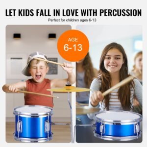 kids drum set, 3 piece, 14 in beginner drum set with adjustable throne cymbal pedal two pairs of drumsticks, 8'' tom drum 10'' snare drum 14'' bass drum, starter drum kit for child kids, blue