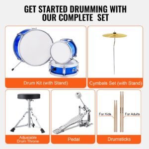 kids drum set, 3 piece, 14 in beginner drum set with adjustable throne cymbal pedal two pairs of drumsticks, 8'' tom drum 10'' snare drum 14'' bass drum, starter drum kit for child kids, blue