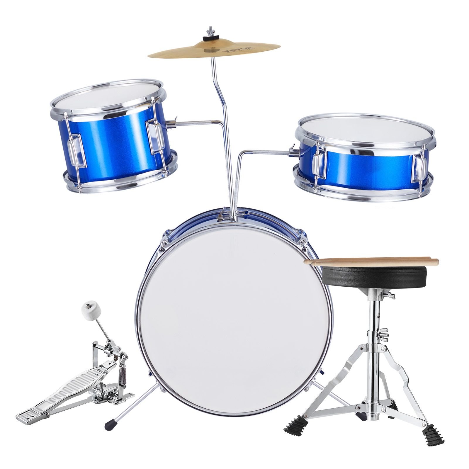 kids drum set, 3 piece, 14 in beginner drum set with adjustable throne cymbal pedal two pairs of drumsticks, 8'' tom drum 10'' snare drum 14'' bass drum, starter drum kit for child kids, blue