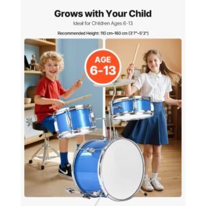 kids drum set, 3 piece 14 in junior drum sets, beginner drums set with adjustable throne, cymbal & two pairs of drumsticks, musical learning drums instruments kit, for children ages 6 13 (blue)
