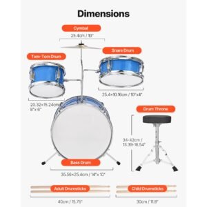 kids drum set, 3 piece 14 in junior drum sets, beginner drums set with adjustable throne, cymbal & two pairs of drumsticks, musical learning drums instruments kit, for children ages 6 13 (blue)