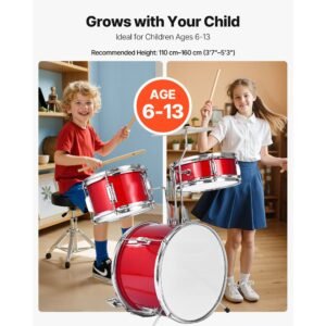 kids drum set, 3 piece 14 in junior drum sets, beginner drums set with adjustable throne, cymbal & two pairs of drumsticks, musical learning drums instruments kit, for children ages 6 13 (red)