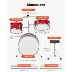 kids drum set, 3 piece 14 in junior drum sets, beginner drums set with adjustable throne, cymbal & two pairs of drumsticks, musical learning drums instruments kit, for children ages 6 13 (red)