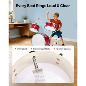 kids drum set, 3 piece 14 in junior drum sets, beginner drums set with adjustable throne, cymbal & two pairs of drumsticks, musical learning drums instruments kit, for children ages 6 13 (red)