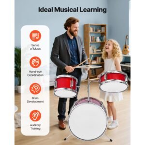 kids drum set, 3 piece 14 in junior drum sets, beginner drums set with adjustable throne, cymbal & two pairs of drumsticks, musical learning drums instruments kit, for children ages 6 13 (red)