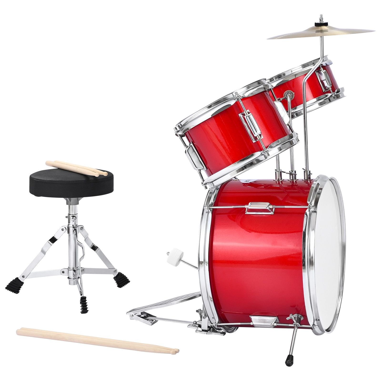kids drum set, 3 piece 14 in junior drum sets, beginner drums set with adjustable throne, cymbal & two pairs of drumsticks, musical learning drums instruments kit, for children ages 6 13 (red)