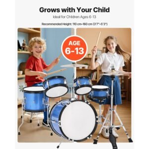 kids drum set, 5 piece 14 in junior drum sets, beginner drums set with adjustable throne, cymbal & two pairs of drumsticks, musical learning drums instruments kit, for children ages 6 13 (blue)