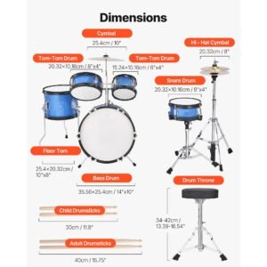 kids drum set, 5 piece 14 in junior drum sets, beginner drums set with adjustable throne, cymbal & two pairs of drumsticks, musical learning drums instruments kit, for children ages 6 13 (blue)