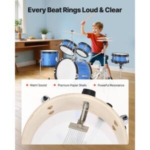 kids drum set, 5 piece 14 in junior drum sets, beginner drums set with adjustable throne, cymbal & two pairs of drumsticks, musical learning drums instruments kit, for children ages 6 13 (blue)