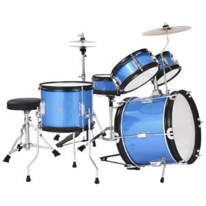 Kids Drum Set, 5-Piece 14 in Junior Drum Sets, Beginner Drums Set with Adjustable Throne, Cymbal & Two Pairs of Drumsticks, Musical Learning Drums Instruments Kit, for Children Ages 6-13 (Blue)