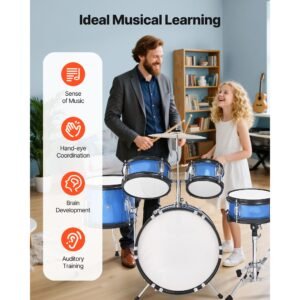 kids drum set, 5 piece 14 in junior drum sets, beginner drums set with adjustable throne, cymbal & two pairs of drumsticks, musical learning drums instruments kit, for children ages 6 13 (blue)