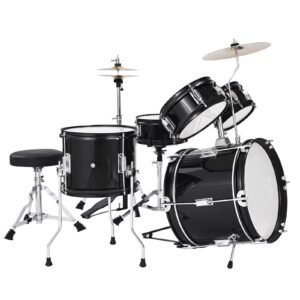 Kids Drum Set, 5-Piece 14 in Junior Drum Sets, Beginner Drums Set with Adjustable Throne, Cymbal & Two Pairs of Drumsticks, Musical Learning Drums Instruments Kit, for Children Ages 6-13(Black)
