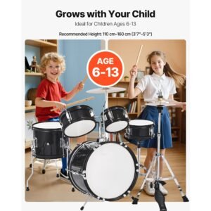 kids drum set, 5 piece 14 in junior drum sets, beginner drums set with adjustable throne, cymbal & two pairs of drumsticks, musical learning drums instruments kit, for children ages 6 13(black)