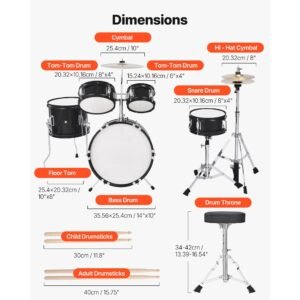 kids drum set, 5 piece 14 in junior drum sets, beginner drums set with adjustable throne, cymbal & two pairs of drumsticks, musical learning drums instruments kit, for children ages 6 13(black)