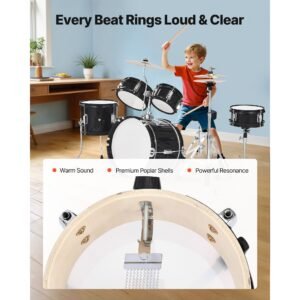 kids drum set, 5 piece 14 in junior drum sets, beginner drums set with adjustable throne, cymbal & two pairs of drumsticks, musical learning drums instruments kit, for children ages 6 13(black)