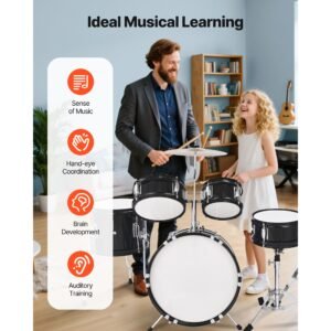 kids drum set, 5 piece 14 in junior drum sets, beginner drums set with adjustable throne, cymbal & two pairs of drumsticks, musical learning drums instruments kit, for children ages 6 13(black)