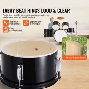 kids drum set, 5 piece, 16 in beginner full drum set with bass toms snare floor drum adjustable throne cymbal hi hat pedal and two pairs of drumsticks, starter drum kit for child kids, black
