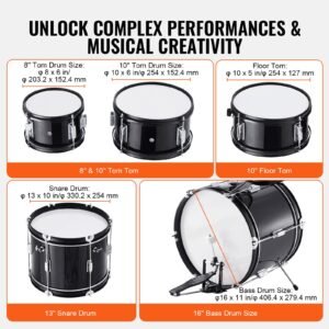 kids drum set, 5 piece, 16 in beginner full drum set with bass toms snare floor drum adjustable throne cymbal hi hat pedal and two pairs of drumsticks, starter drum kit for child kids, black