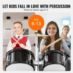 kids drum set, 5 piece, 16 in beginner full drum set with bass toms snare floor drum adjustable throne cymbal hi hat pedal and two pairs of drumsticks, starter drum kit for child kids, black